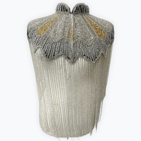L'Jai Amor Tops - Silver and gold lunar design hand beaded fringe capelet O/S